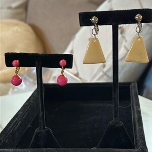 Clip earrings 2 pair acrylic dangles, ivory/silver and bright pink/ gold EUC